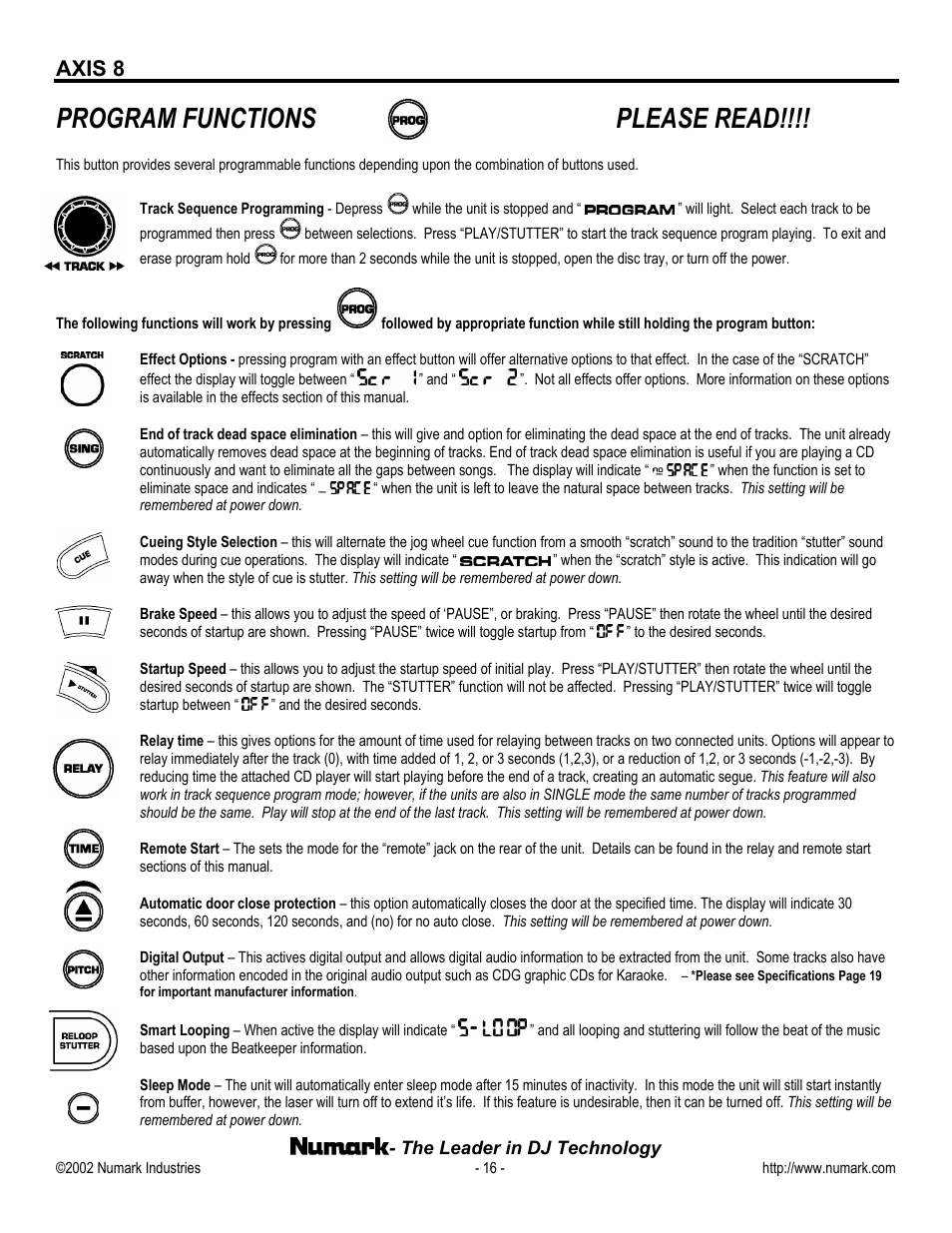 Program functions please read, Axis 8 | Numark Industries AXIS 8 User Manual | Page 16 / 24