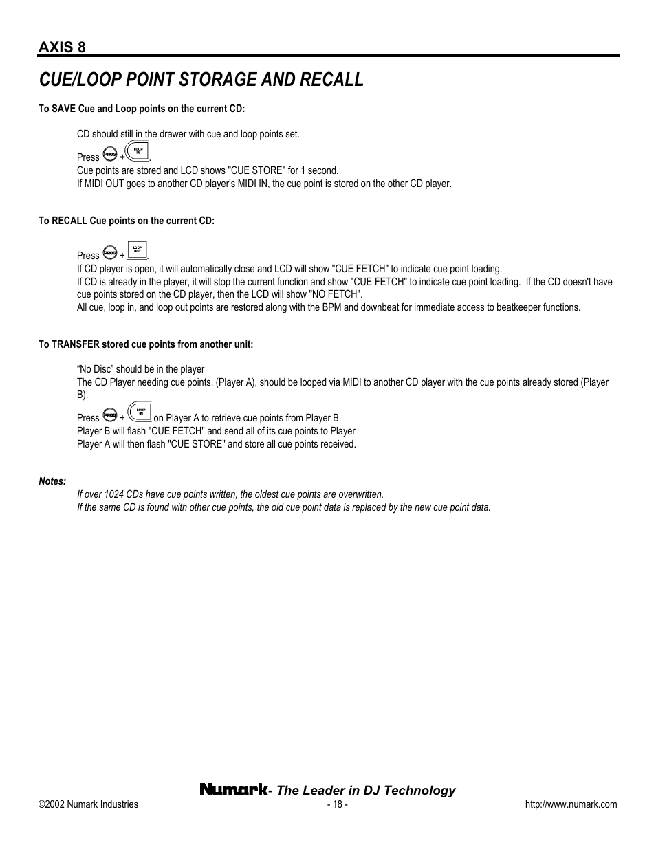 Cue/loop point storage and recall, Axis 8 | Numark Industries AXIS 8 User Manual | Page 18 / 24