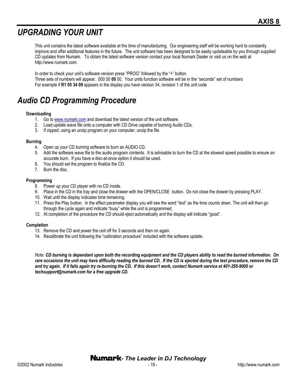 Upgrading your unit, Audio cd programming procedure, Axis 8 | Numark Industries AXIS 8 User Manual | Page 19 / 24
