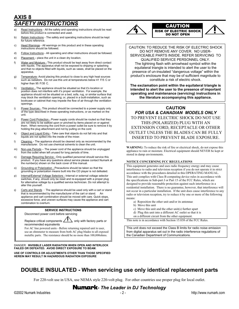 Safety instructions, Axis 8, The leader in dj technology | Numark Industries AXIS 8 User Manual | Page 2 / 24