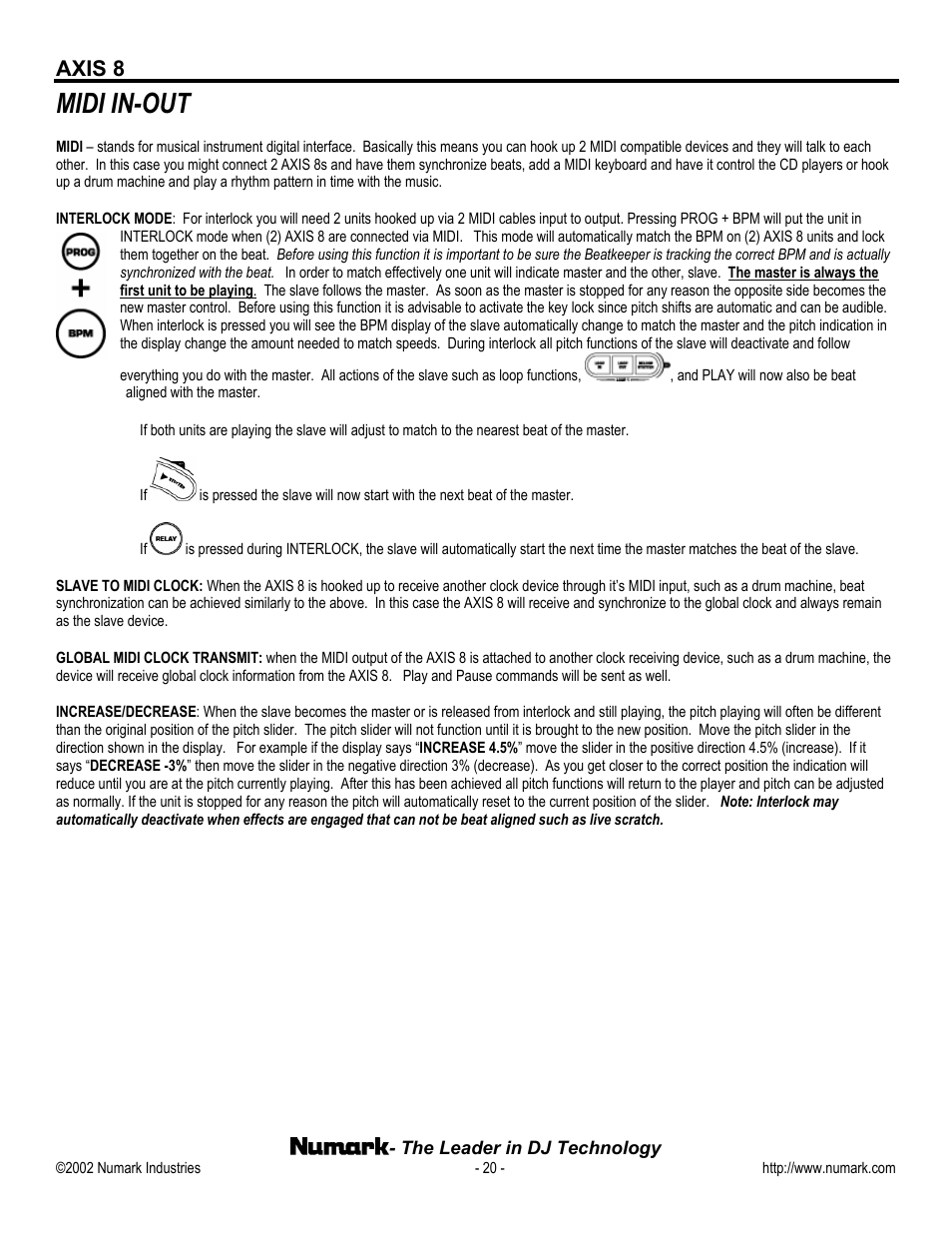 Midi in-out, Midi – stands for musical instrument digital inte, Axis 8 | Numark Industries AXIS 8 User Manual | Page 20 / 24