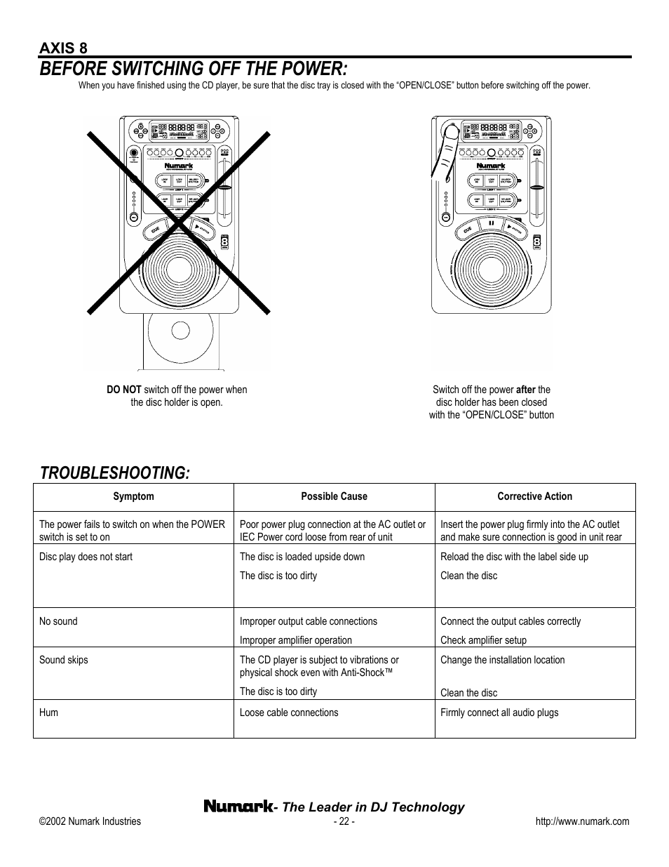 Before switching off the power, Troubleshooting, Axis 8 | Numark Industries AXIS 8 User Manual | Page 22 / 24
