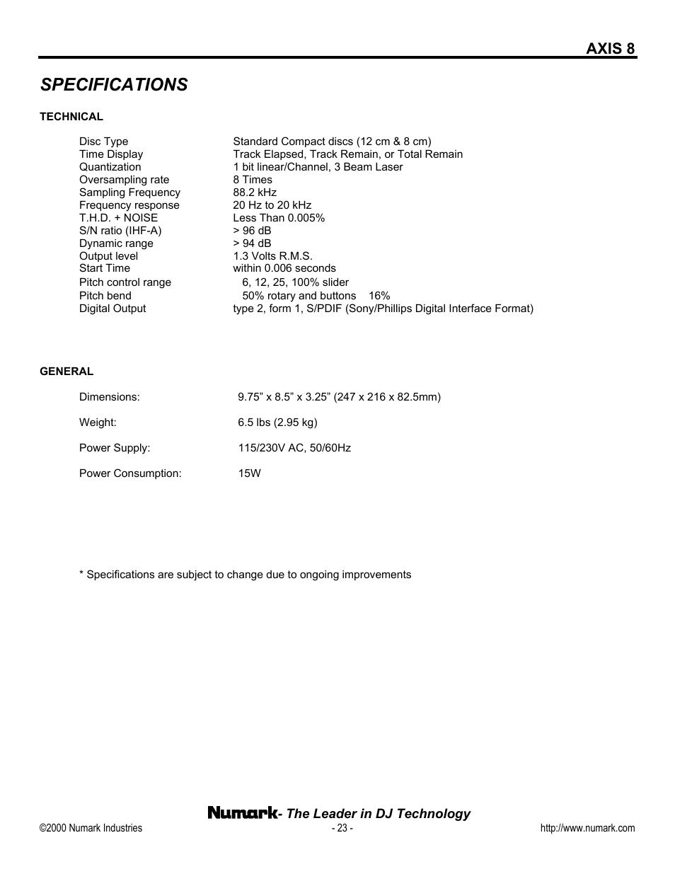 Specifications, Axis 8 | Numark Industries AXIS 8 User Manual | Page 23 / 24