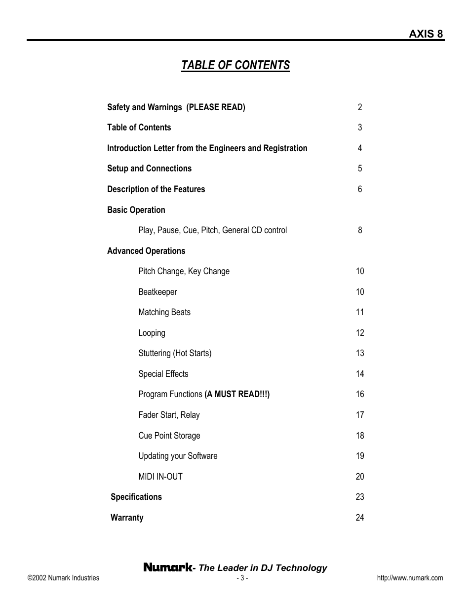 Numark Industries AXIS 8 User Manual | Page 3 / 24