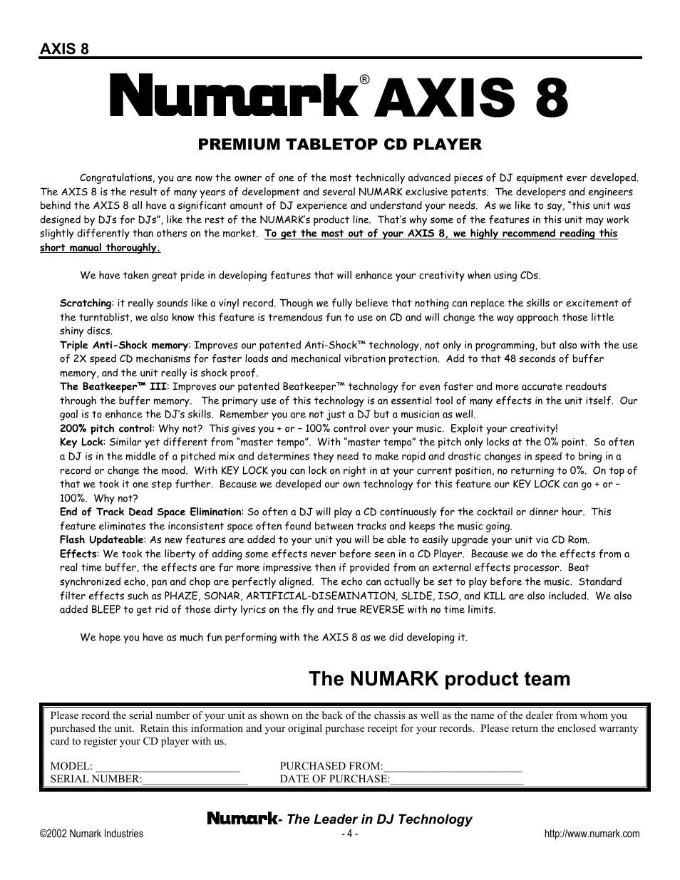 The numark product team, Axis 8, Premium tabletop cd player | Numark Industries AXIS 8 User Manual | Page 4 / 24