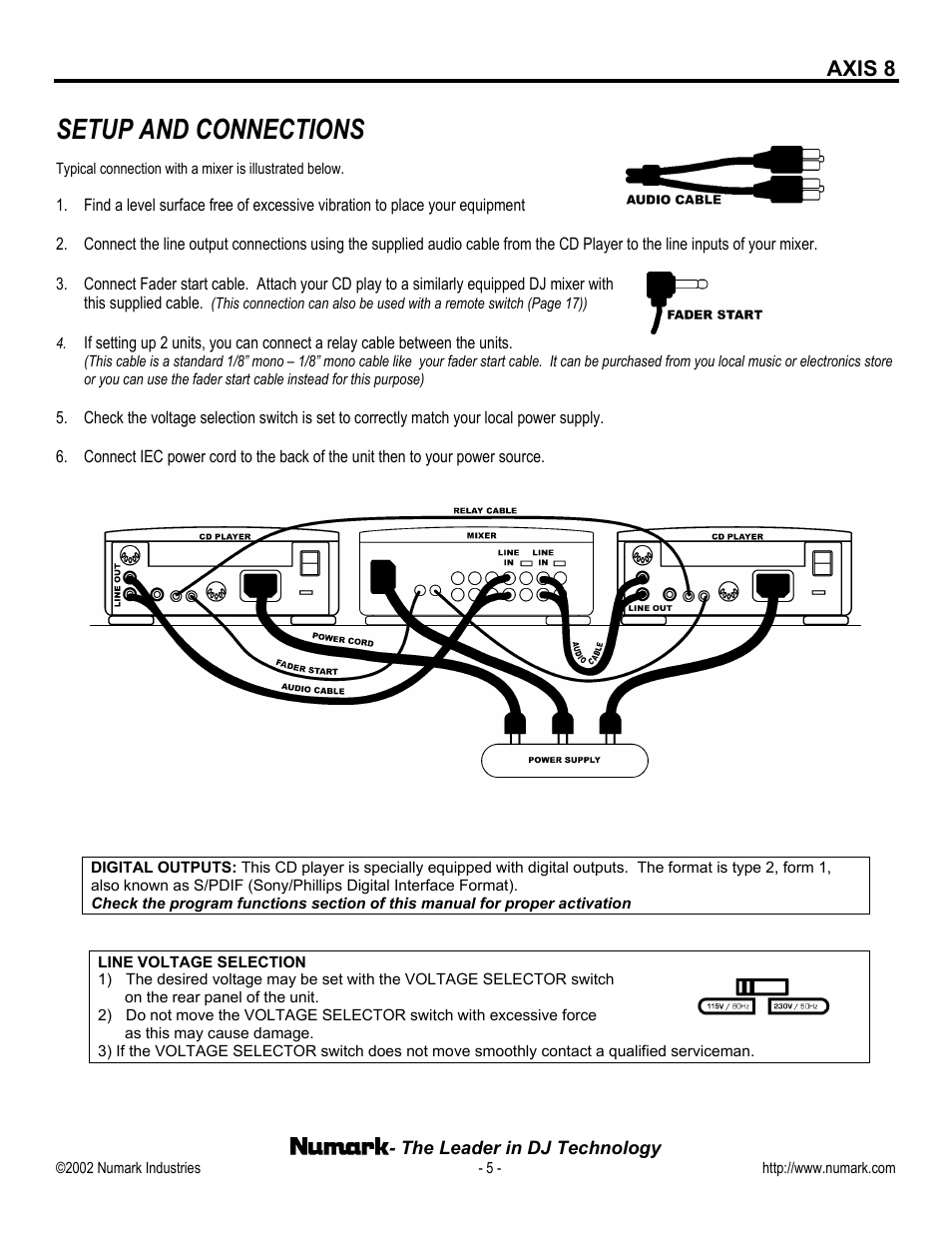 Line voltage selection, Setup and connections, Axis 8 | Numark Industries AXIS 8 User Manual | Page 5 / 24