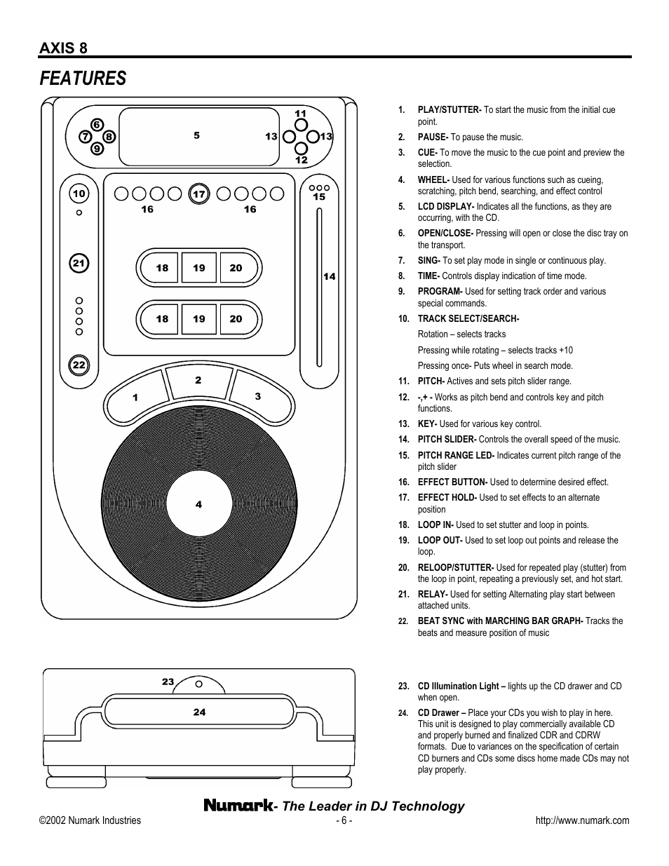 Features, Axis 8 | Numark Industries AXIS 8 User Manual | Page 6 / 24