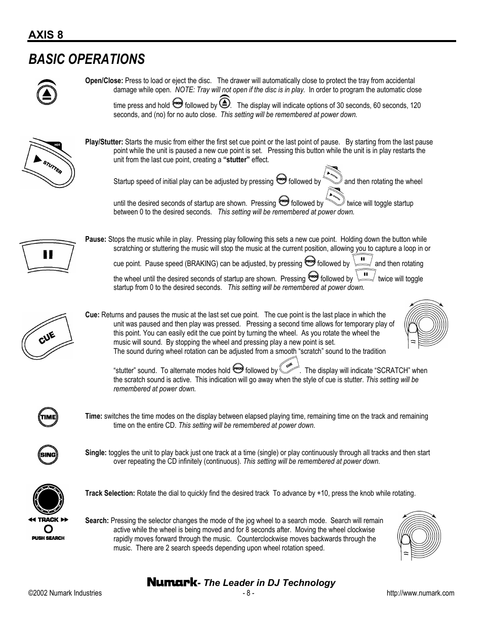 Basic operations, Axis 8 | Numark Industries AXIS 8 User Manual | Page 8 / 24