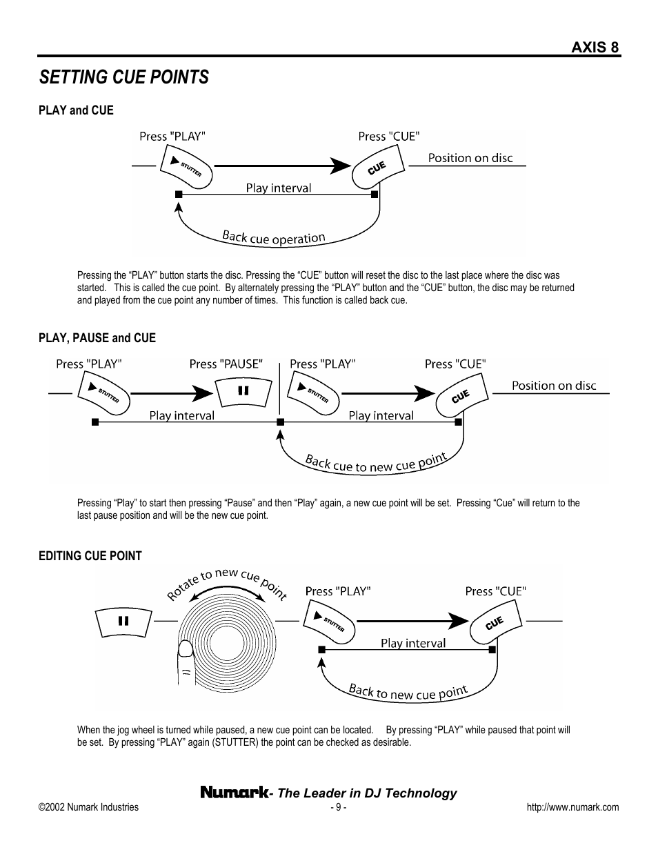 Setting cue points, Axis 8 | Numark Industries AXIS 8 User Manual | Page 9 / 24