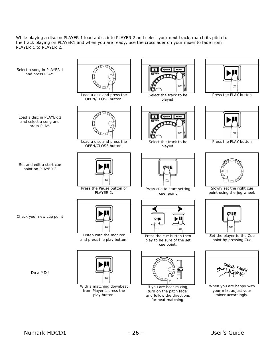 Example of mixing using two cd players, Numark hdcd1 - 26 – user’s guide | Numark Industries HDCD1 User Manual | Page 26 / 132