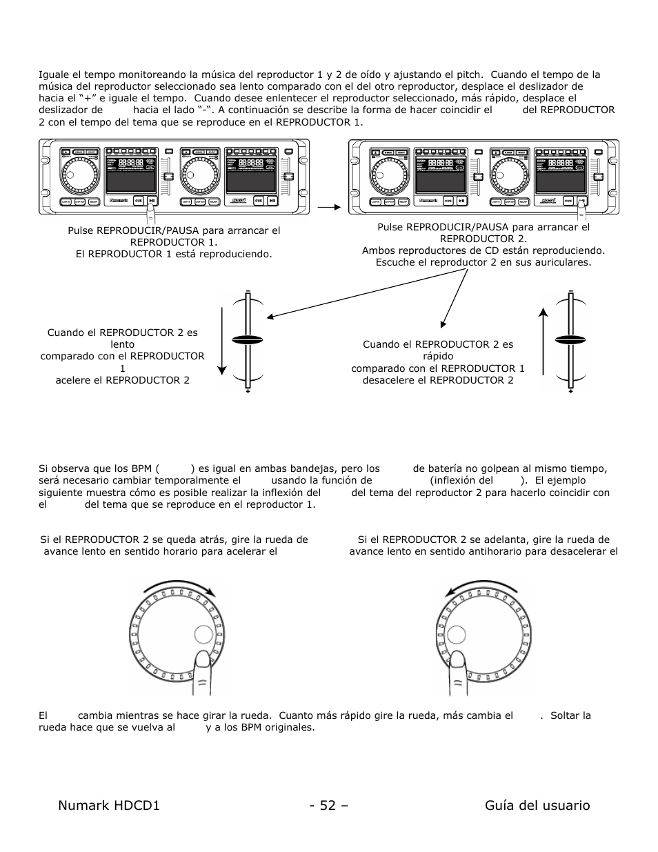 Ajuste para igualar los beats por minuto (bpm), Igualación de los beats mediante el pitch bend | Numark Industries HDCD1 User Manual | Page 52 / 132