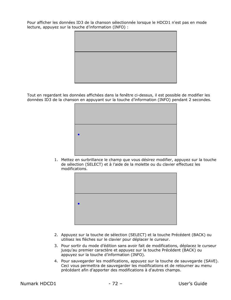 Afficher les données sur les chansons, Modofier les données sur les chansons | Numark Industries HDCD1 User Manual | Page 72 / 132