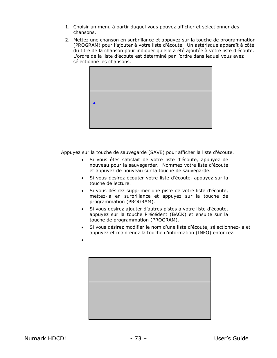 Créer une liste d'écoute, Sauvegarder une liste d'écoute | Numark Industries HDCD1 User Manual | Page 73 / 132