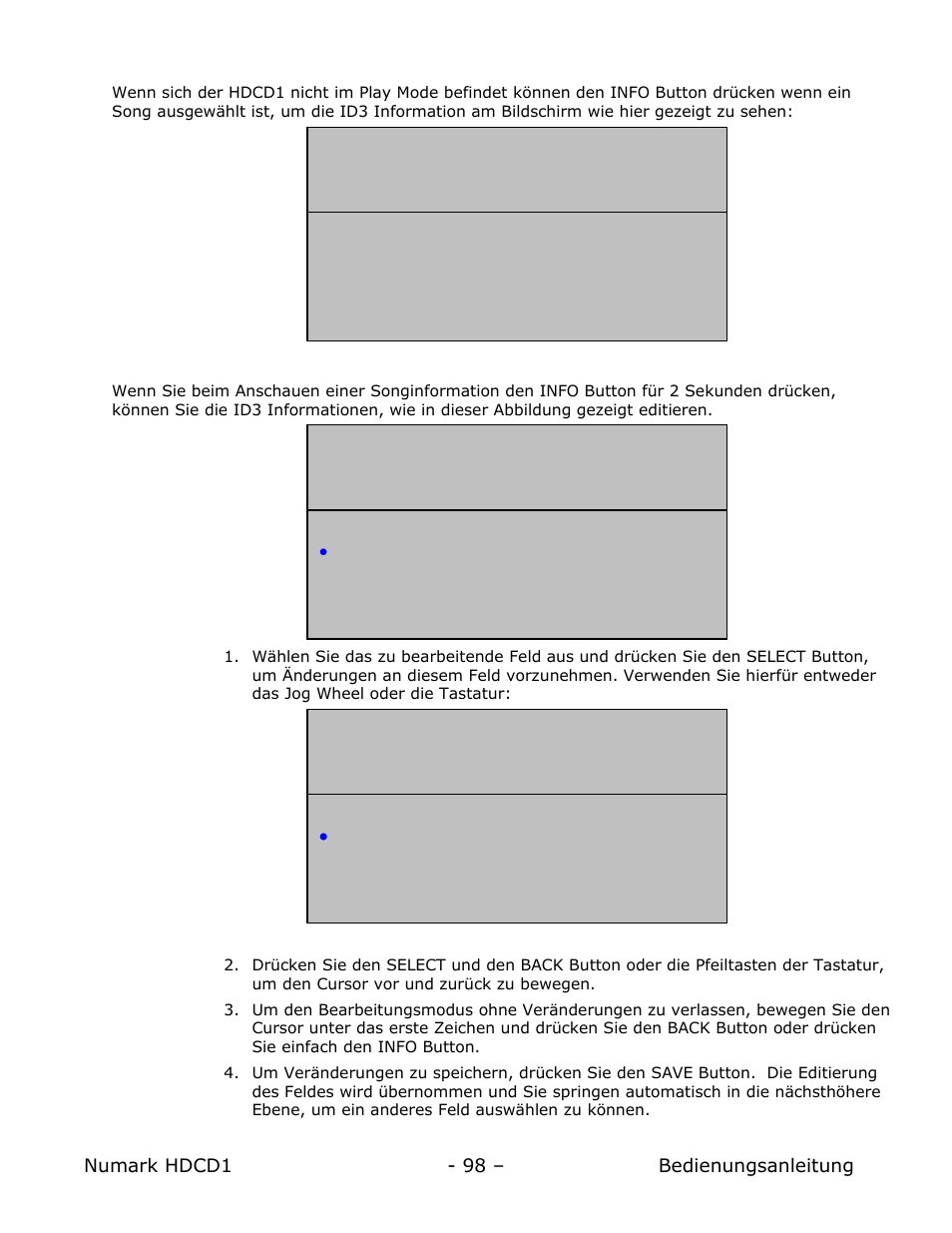 Songinformation ansehen, Songinformationen editieren | Numark Industries HDCD1 User Manual | Page 98 / 132