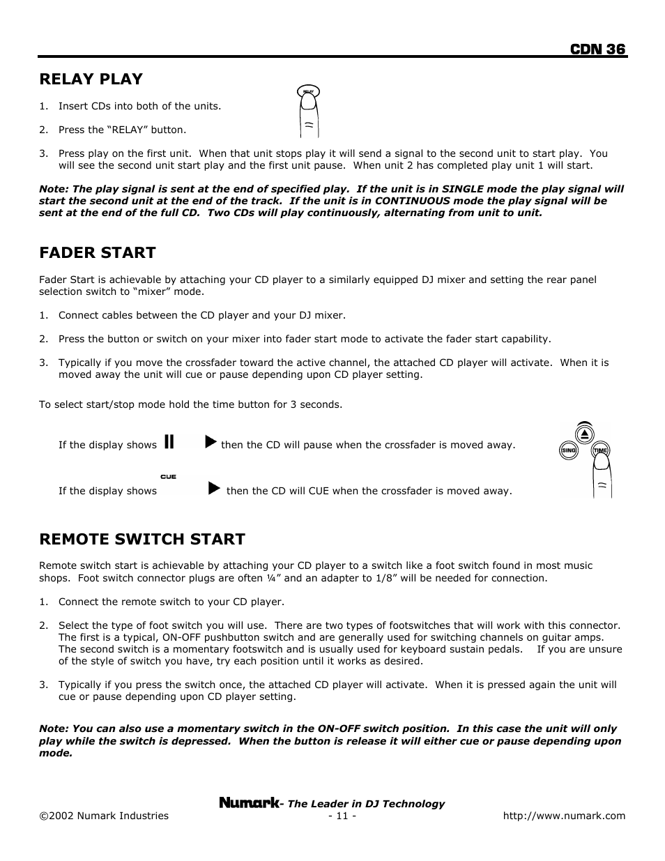 Relay play, Fader start, Remote switch start | Cdn 36 | Numark Industries CDN 36 User Manual | Page 11 / 20