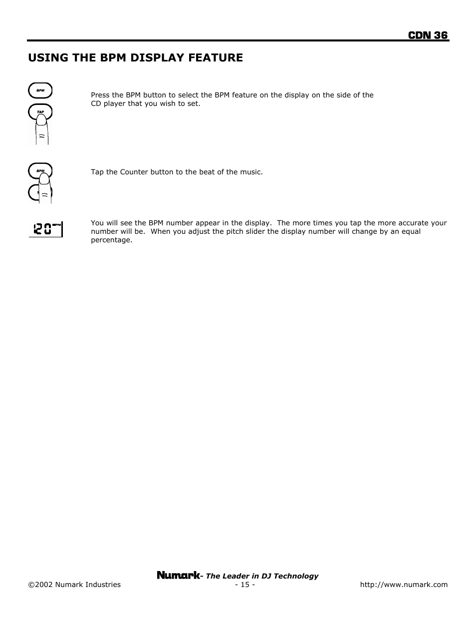 Cdn 36, Using the bpm display feature | Numark Industries CDN 36 User Manual | Page 15 / 20