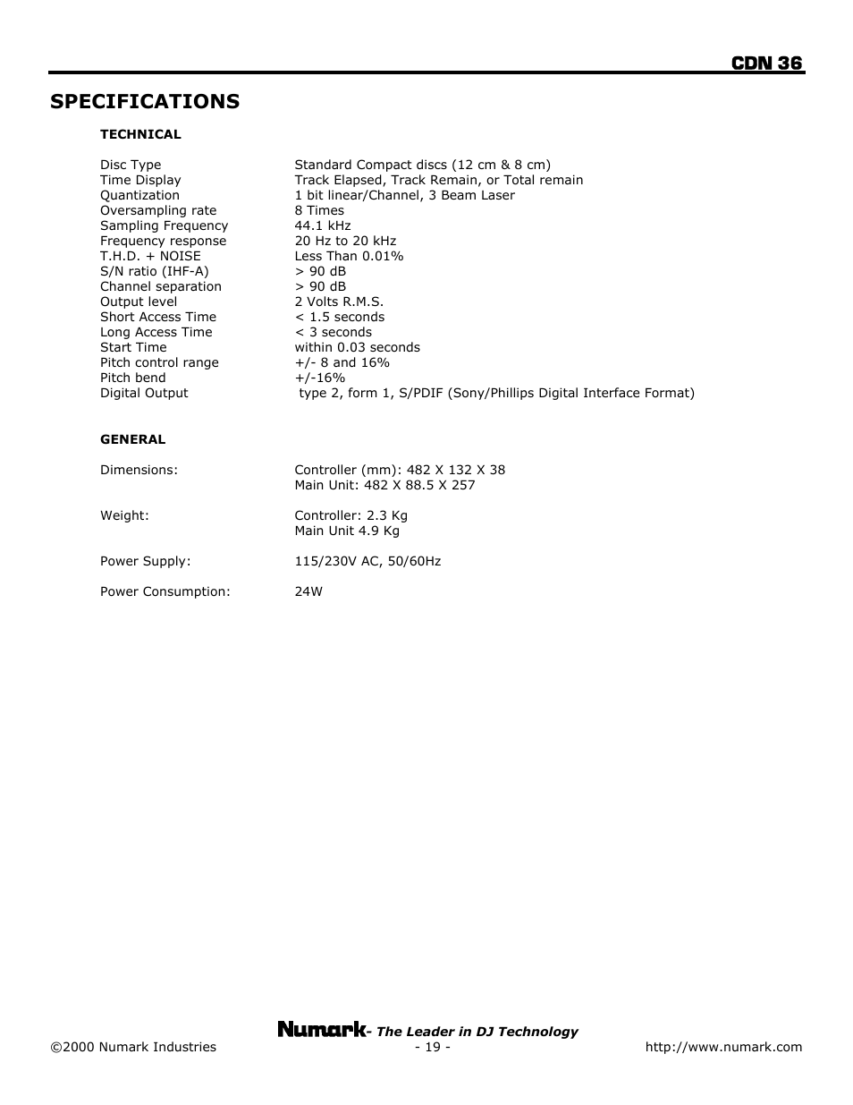 Specifications, Cdn 36 | Numark Industries CDN 36 User Manual | Page 19 / 20