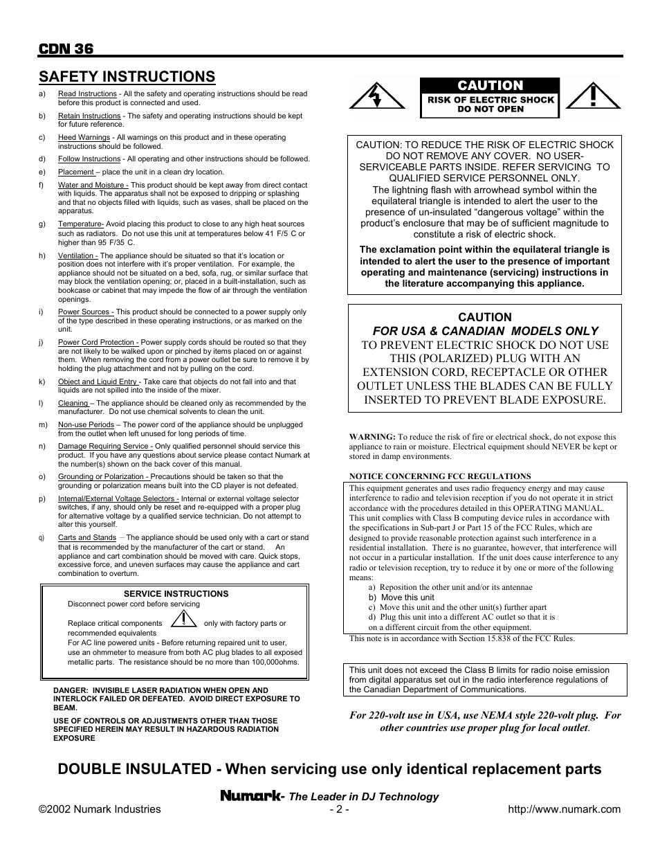 Safety instructions, Cdn 36 | Numark Industries CDN 36 User Manual | Page 2 / 20