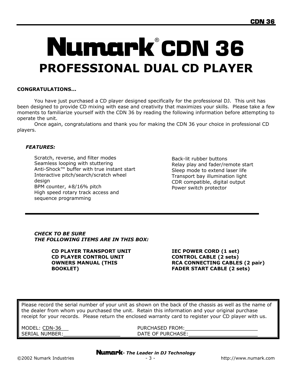 Professional dual cd player, Professional dual, Cd player | Cdn 36 | Numark Industries CDN 36 User Manual | Page 3 / 20