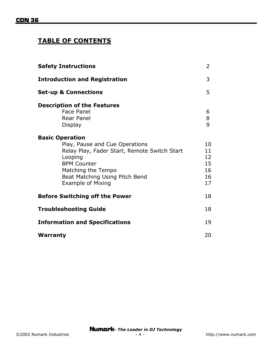 Numark Industries CDN 36 User Manual | Page 4 / 20