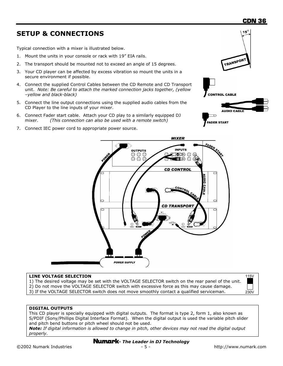 Line voltage selection, Cdn 36, Setup & connections | Numark Industries CDN 36 User Manual | Page 5 / 20