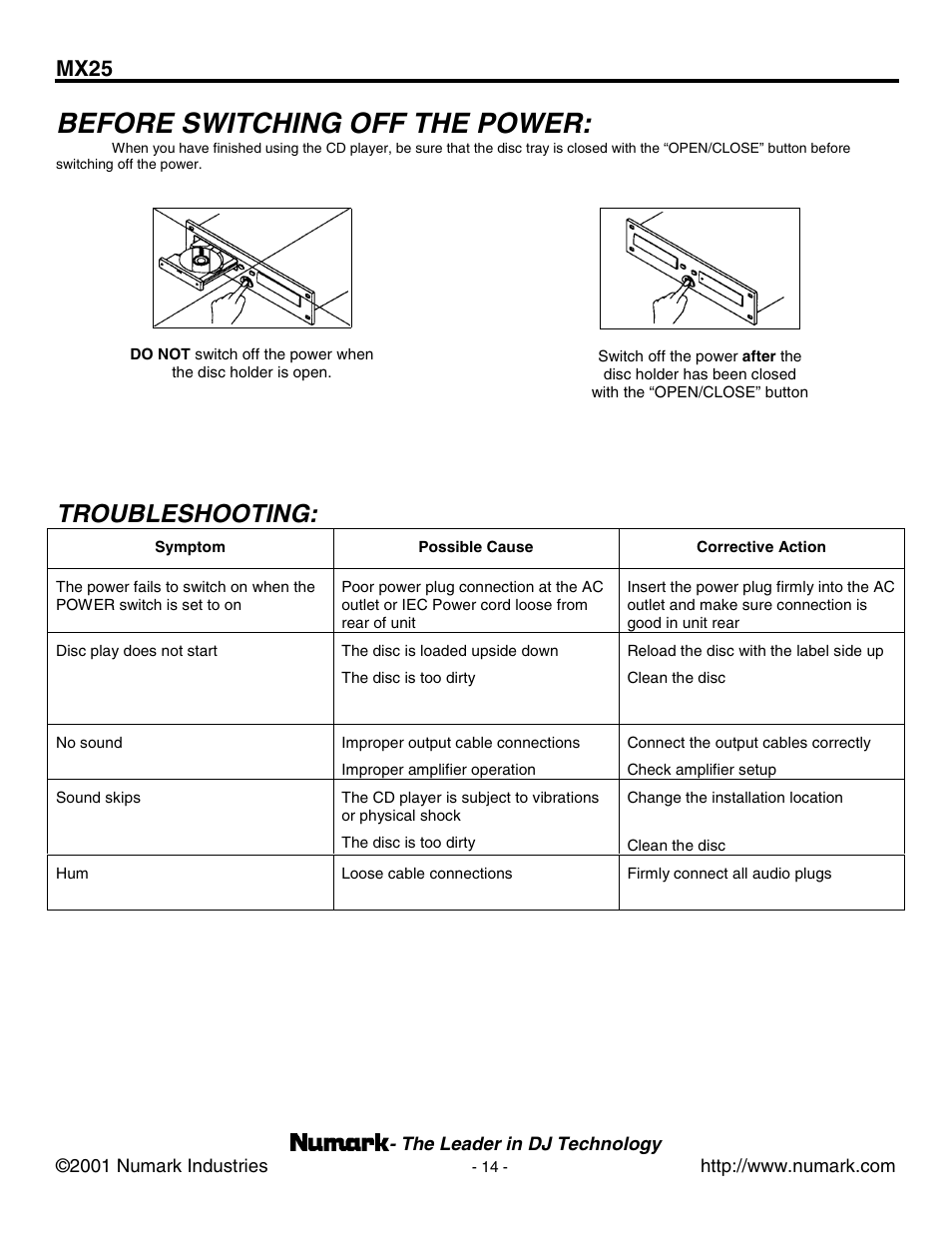 Before switching off the power, Troubleshooting, Mx25 | Numark Industries MX25 User Manual | Page 14 / 16