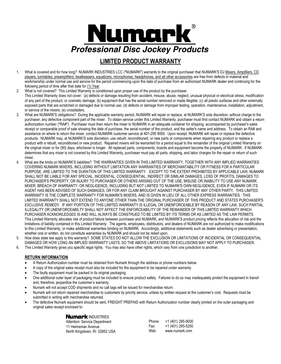 Professional disc jockey products, Limited product warranty | Numark Industries MX25 User Manual | Page 16 / 16