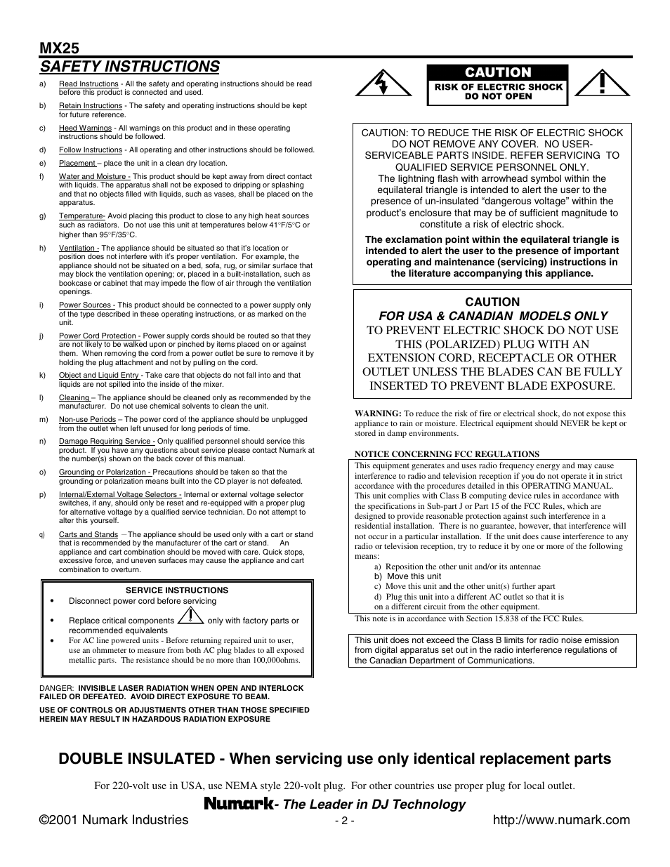 Safety instructions, Mx25 | Numark Industries MX25 User Manual | Page 2 / 16