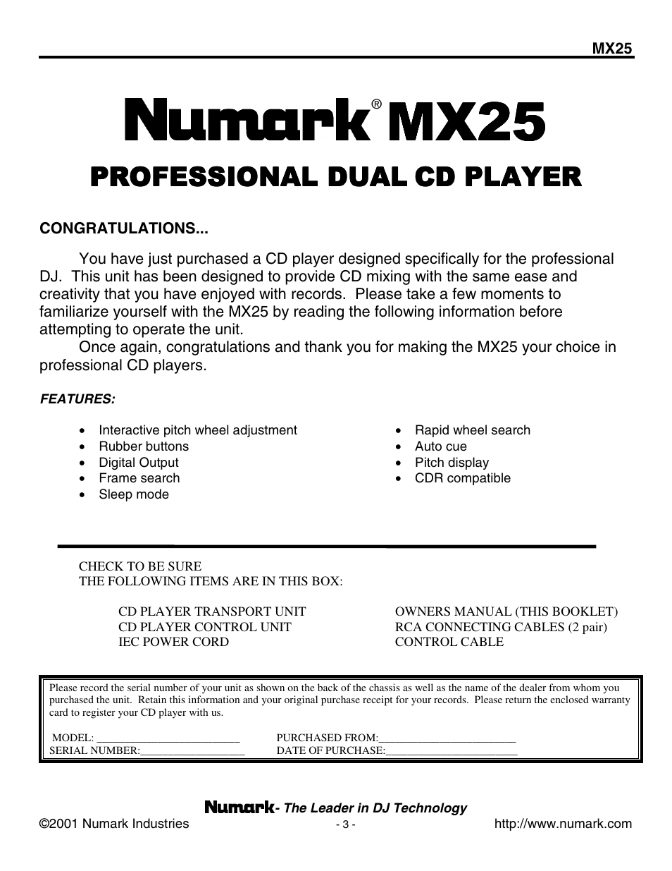 Professional dual cd player, Mx25, Professional dual | Cd player | Numark Industries MX25 User Manual | Page 3 / 16
