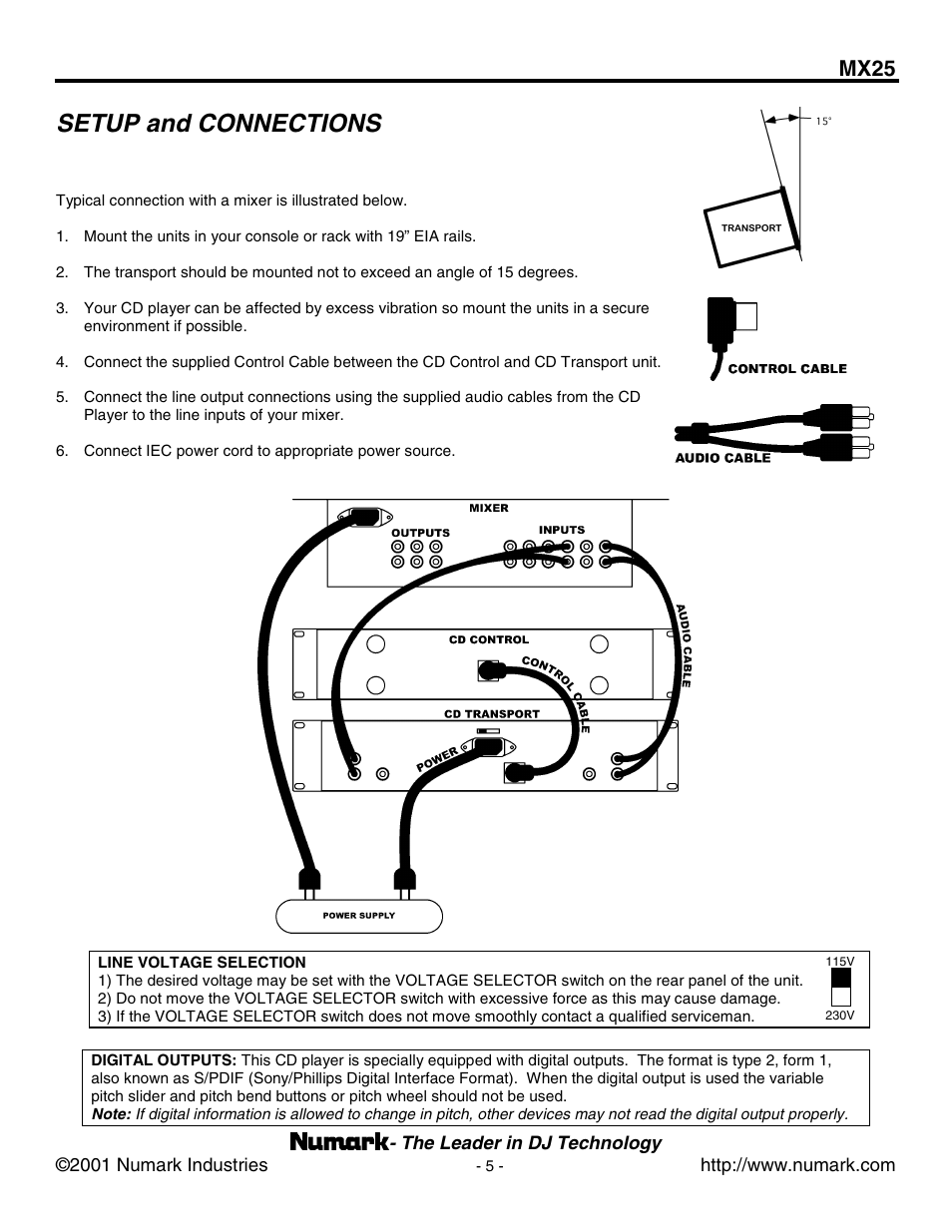 Line voltage selection, Setup and connections, Mx25 | Numark Industries MX25 User Manual | Page 5 / 16