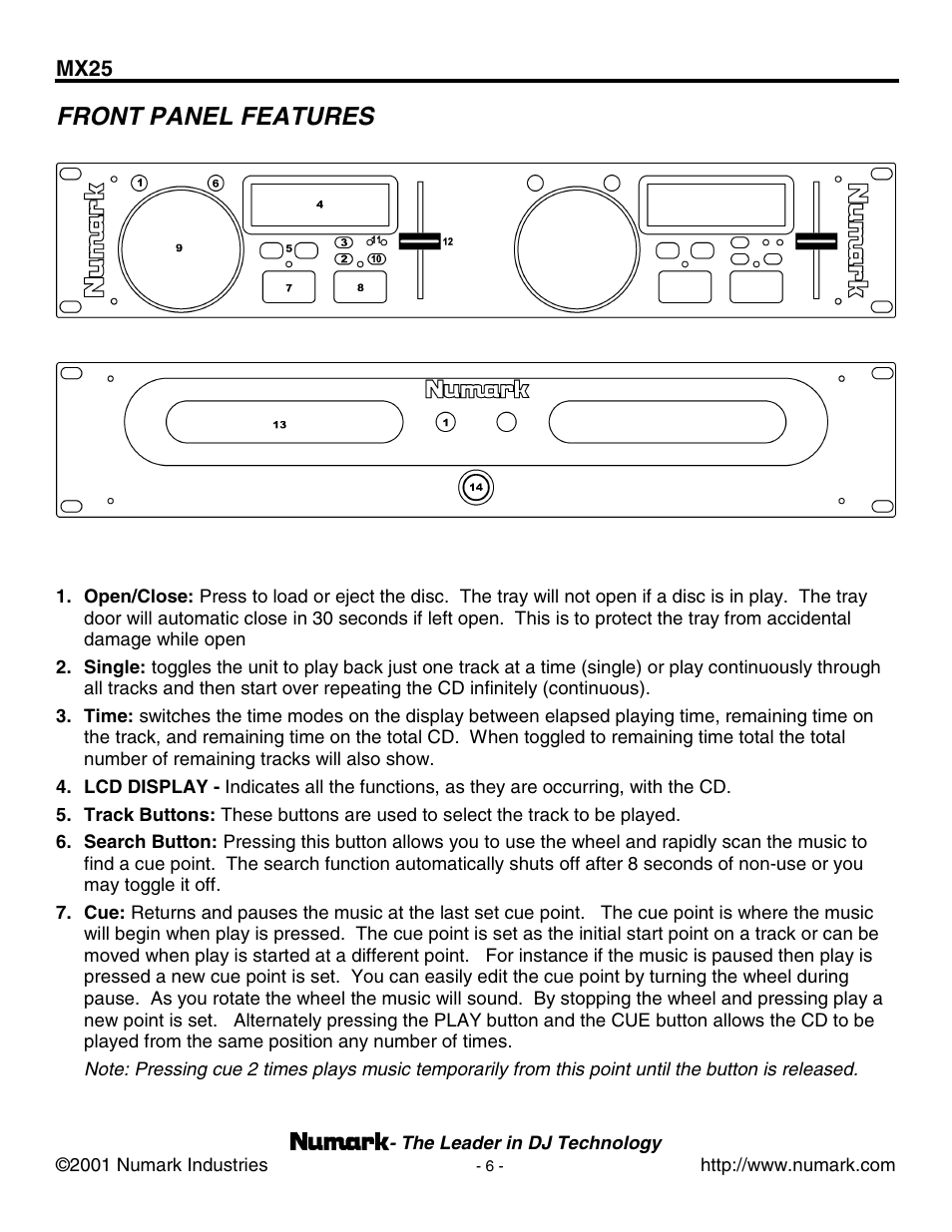 Front panel features | Numark Industries MX25 User Manual | Page 6 / 16