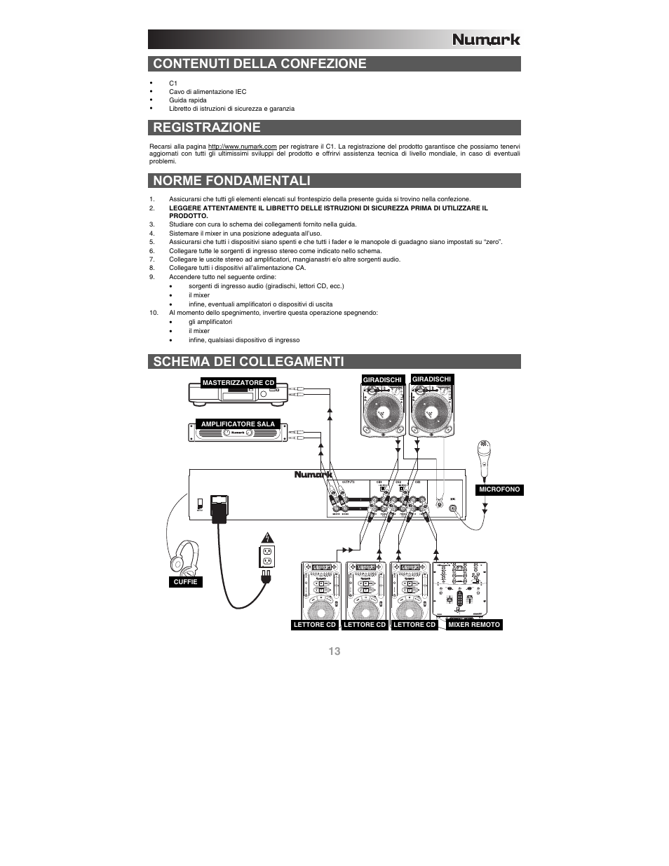 Italiano, Contenuti della confezione, Registrazione | Norme fondamentali, Schema dei collegamenti | Numark Industries C1 User Manual | Page 15 / 24