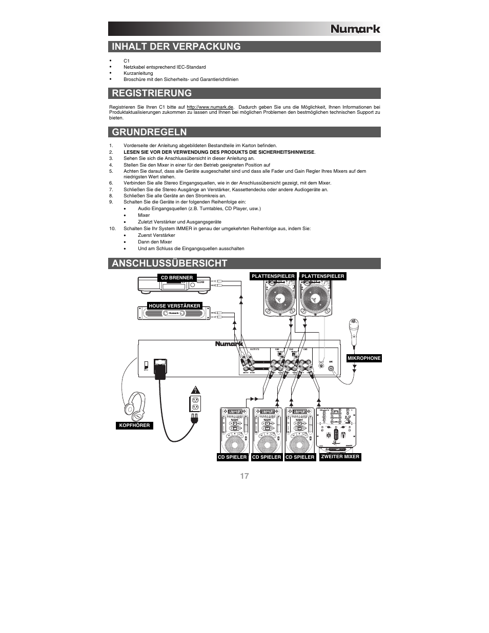 Inhalt der verpackung, Registrierung, Grundregeln | Anschlussübersicht | Numark Industries C1 User Manual | Page 19 / 24