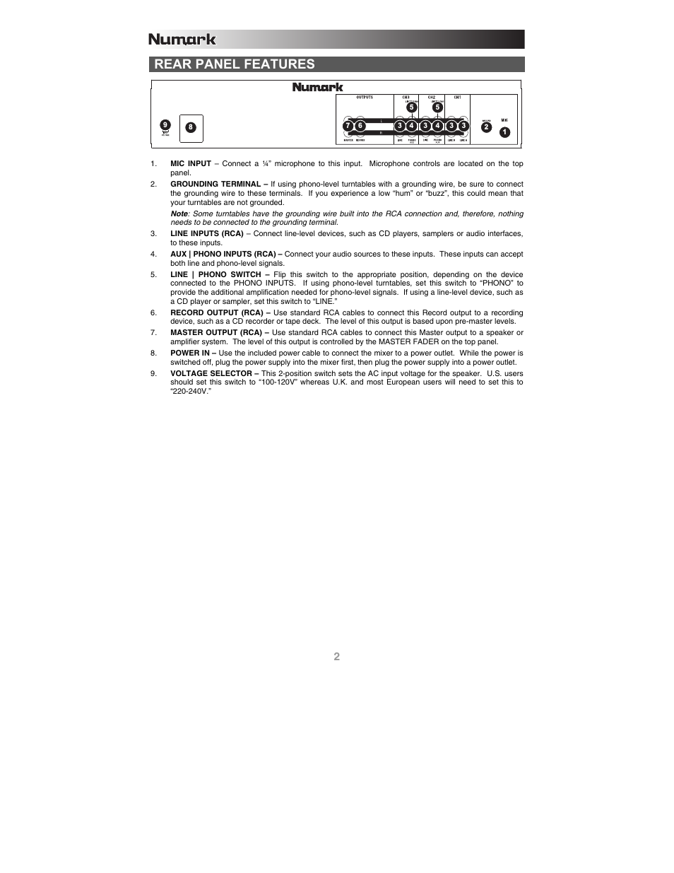 Rear panel features | Numark Industries C1 User Manual | Page 4 / 24