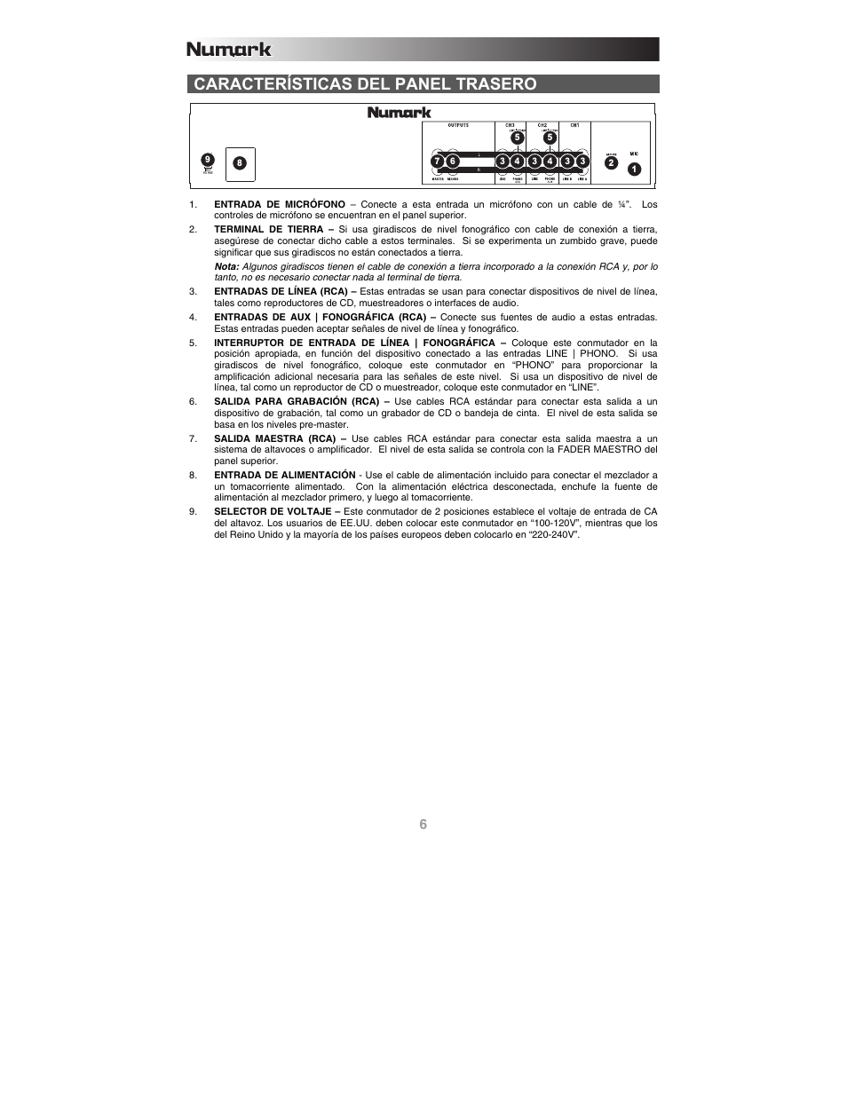Características del panel trasero | Numark Industries C1 User Manual | Page 8 / 24