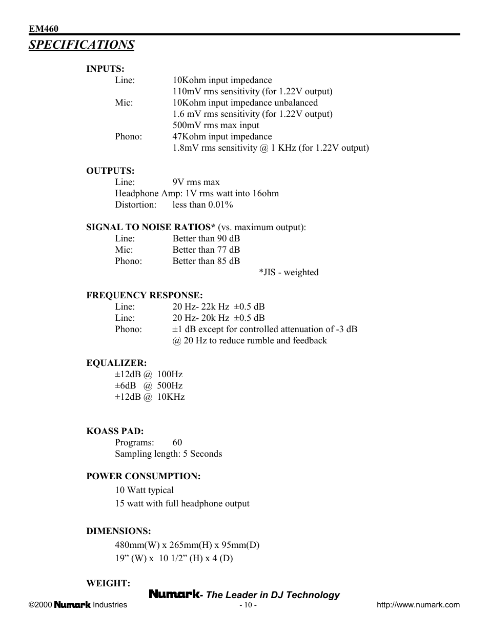 Specifications | Numark Industries EM460 User Manual | Page 10 / 12
