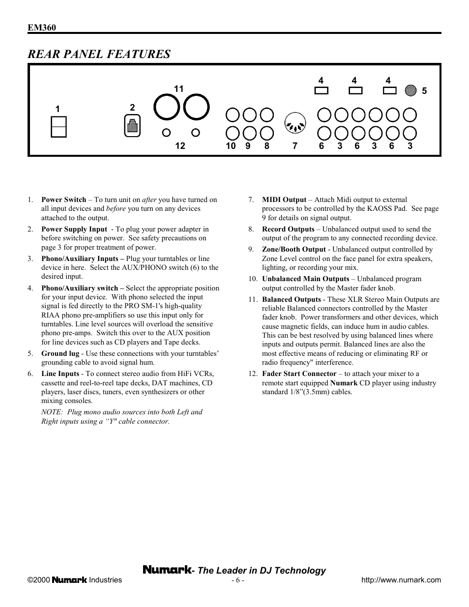 Rear panel features | Numark Industries EM360 User Manual | Page 6 / 12