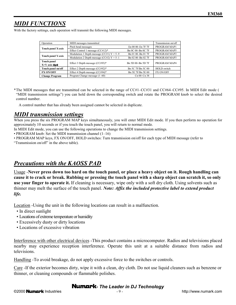 Midi functions, Midi transmission settings, Precautions with the kaoss pad | Em360 - the leader in dj technology | Numark Industries EM360 User Manual | Page 9 / 12