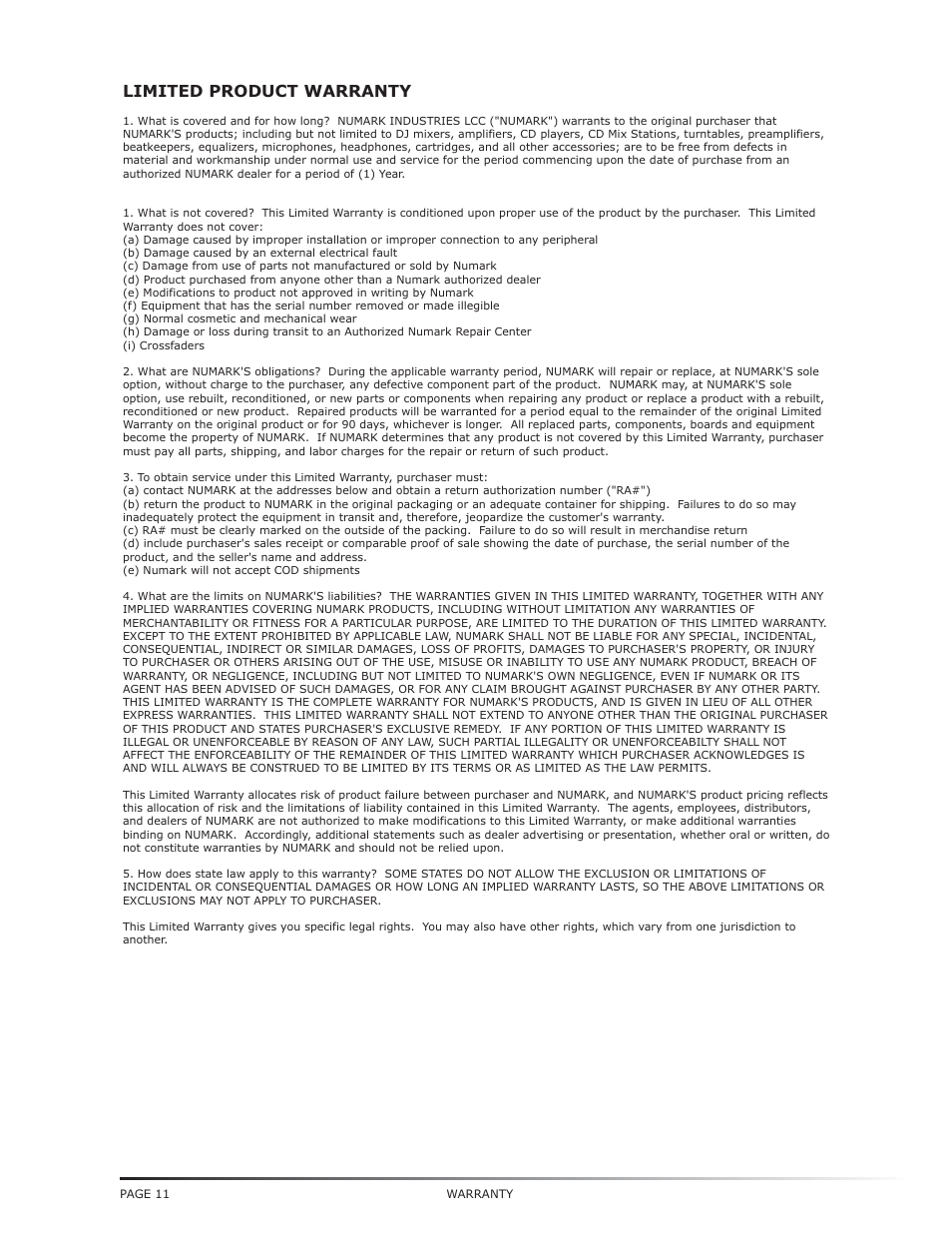 Limited product warranty | Numark Industries TT-1650 User Manual | Page 12 / 16