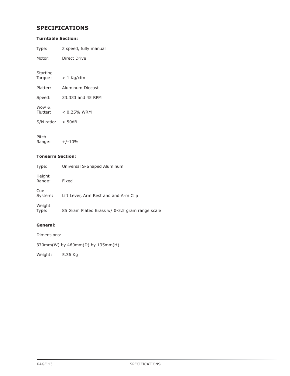 Specifications | Numark Industries TT-1650 User Manual | Page 14 / 16