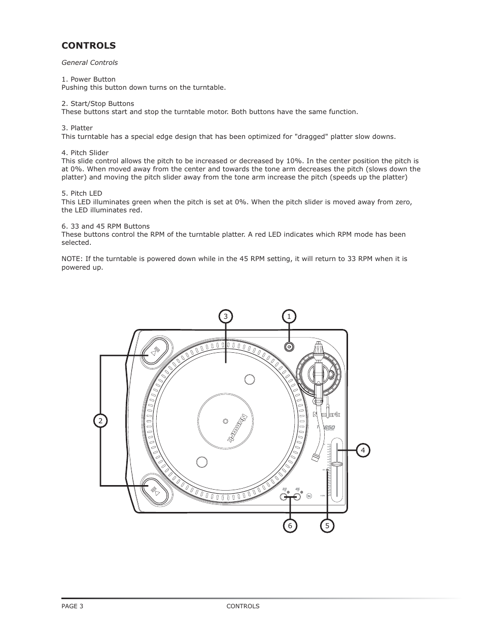 Controls | Numark Industries TT-1650 User Manual | Page 4 / 16