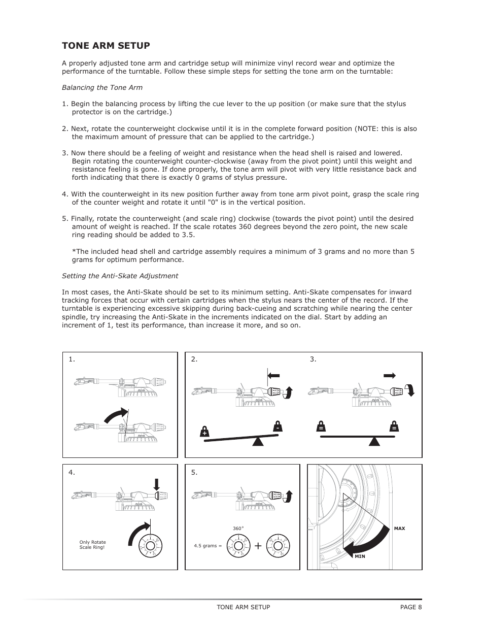Tone arm setup | Numark Industries TT-1650 User Manual | Page 9 / 16