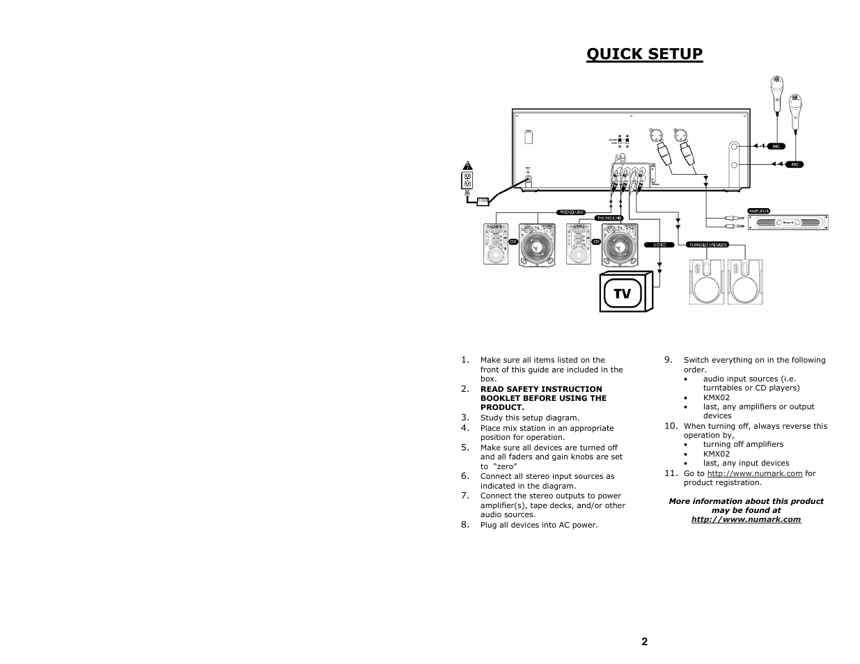 Quick setup | Numark Industries Professional Karaoke Mixing Station KMX02 User Manual | Page 2 / 38