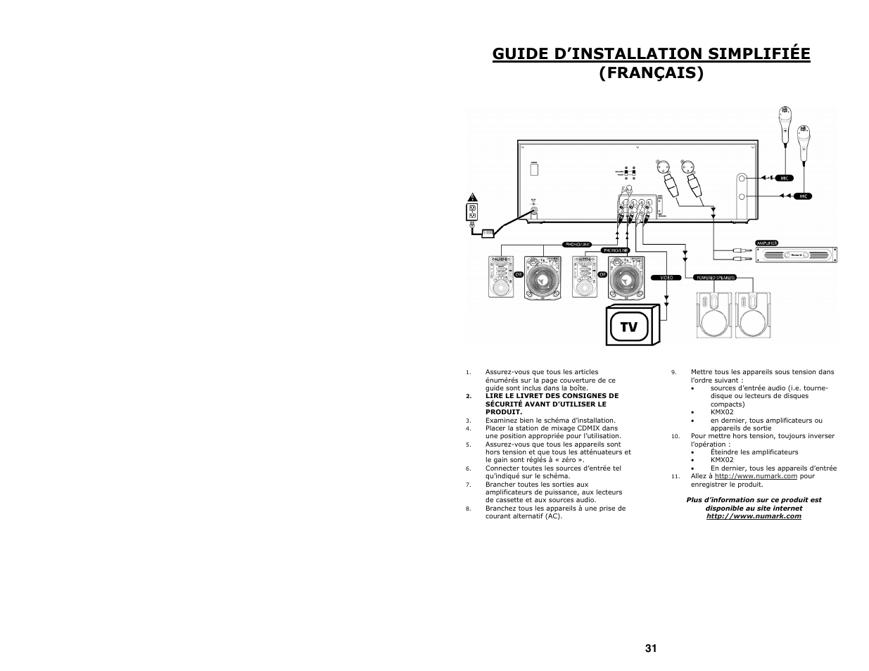 Guide d’installation simplifiée (français) | Numark Industries Professional Karaoke Mixing Station KMX02 User Manual | Page 31 / 38