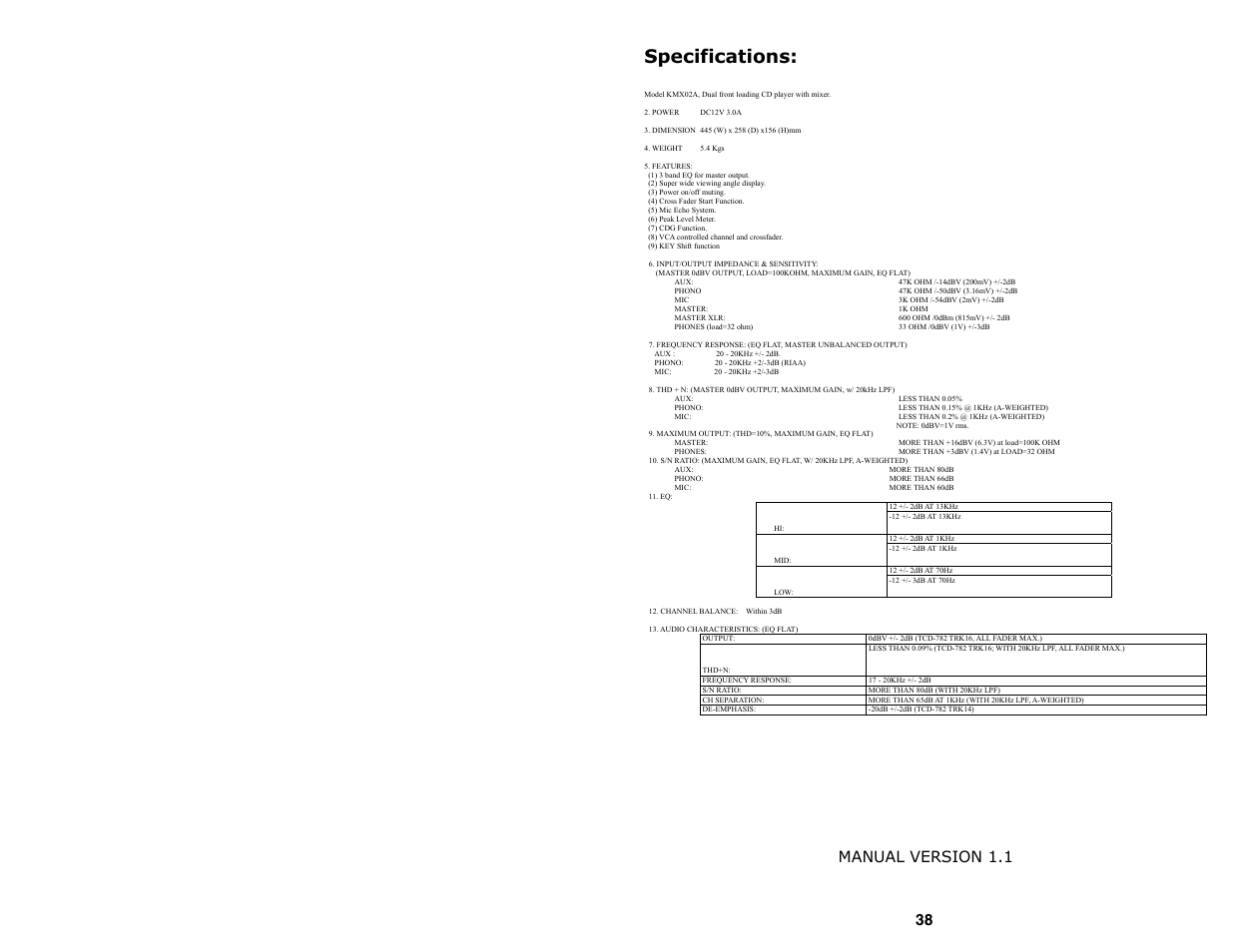 Specifications, Manual version 1.1 | Numark Industries Professional Karaoke Mixing Station KMX02 User Manual | Page 38 / 38