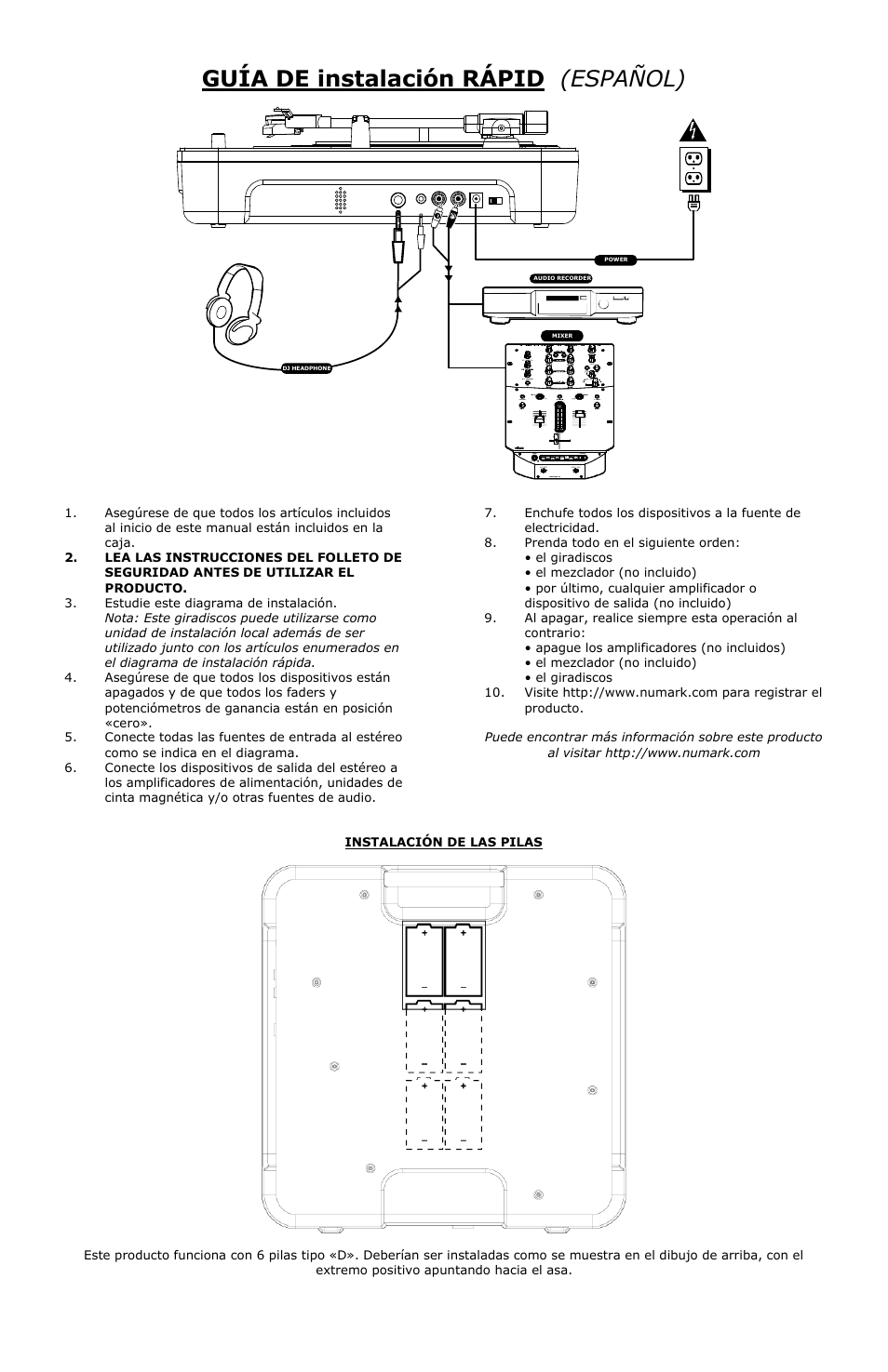 Guía de instalación rápid (español) | Numark Industries PT-01 User Manual | Page 4 / 11