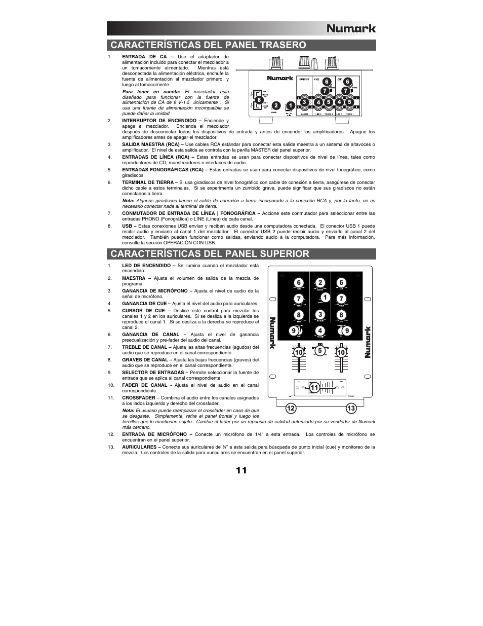 Características del panel trasero, Características del panel superior | Numark Industries M1USB User Manual | Page 11 / 36