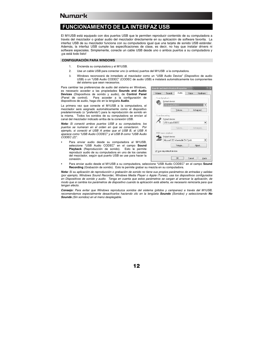 Funcionamiento de la interfaz usb | Numark Industries M1USB User Manual | Page 12 / 36