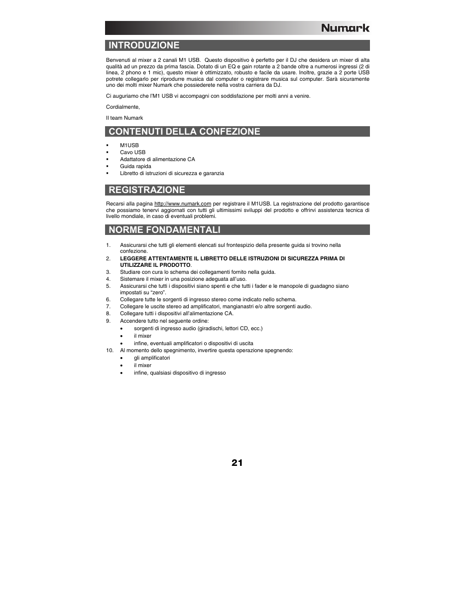 Contenuti della confezione, Registrazione, Norme fondamentali | Introduzione | Numark Industries M1USB User Manual | Page 21 / 36