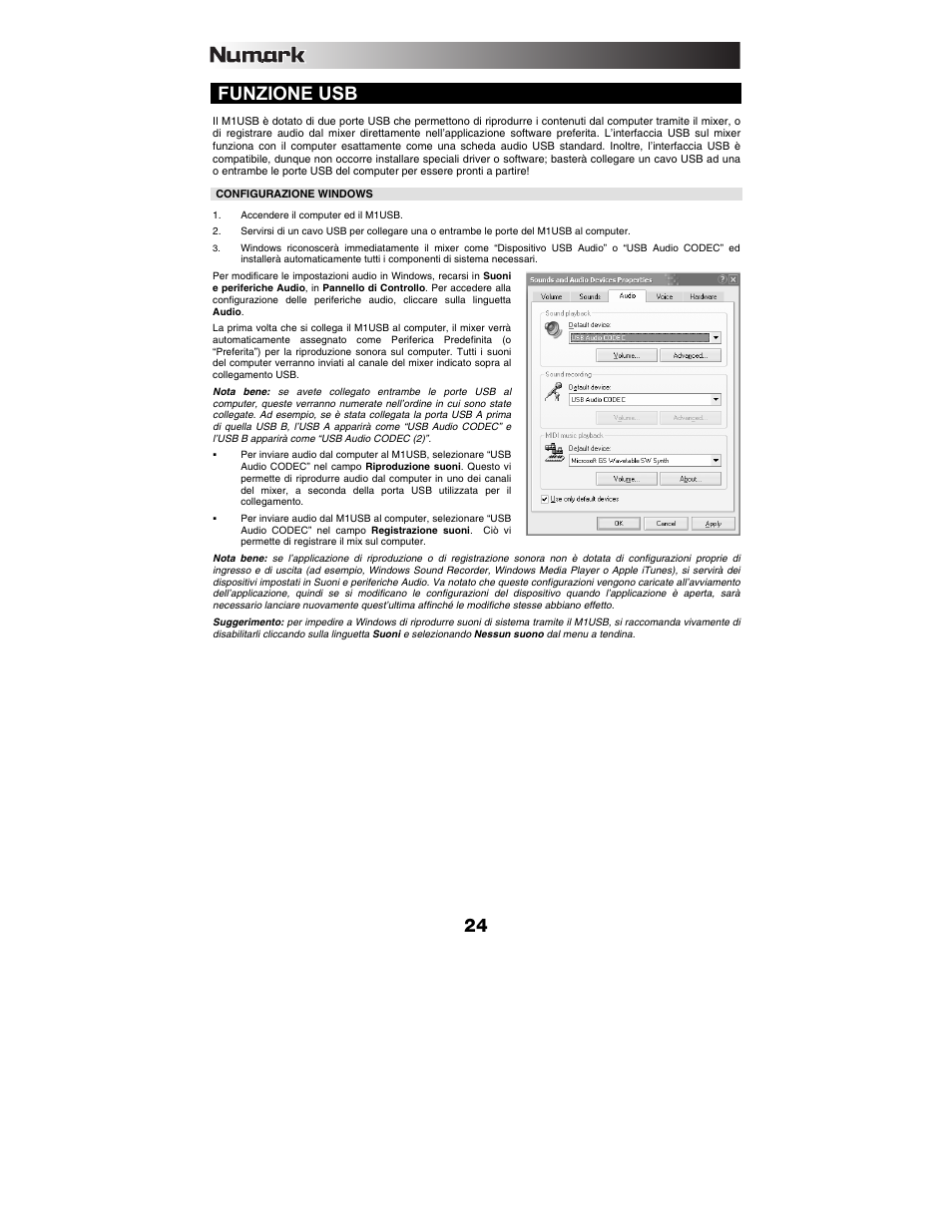 Funzione usb | Numark Industries M1USB User Manual | Page 24 / 36